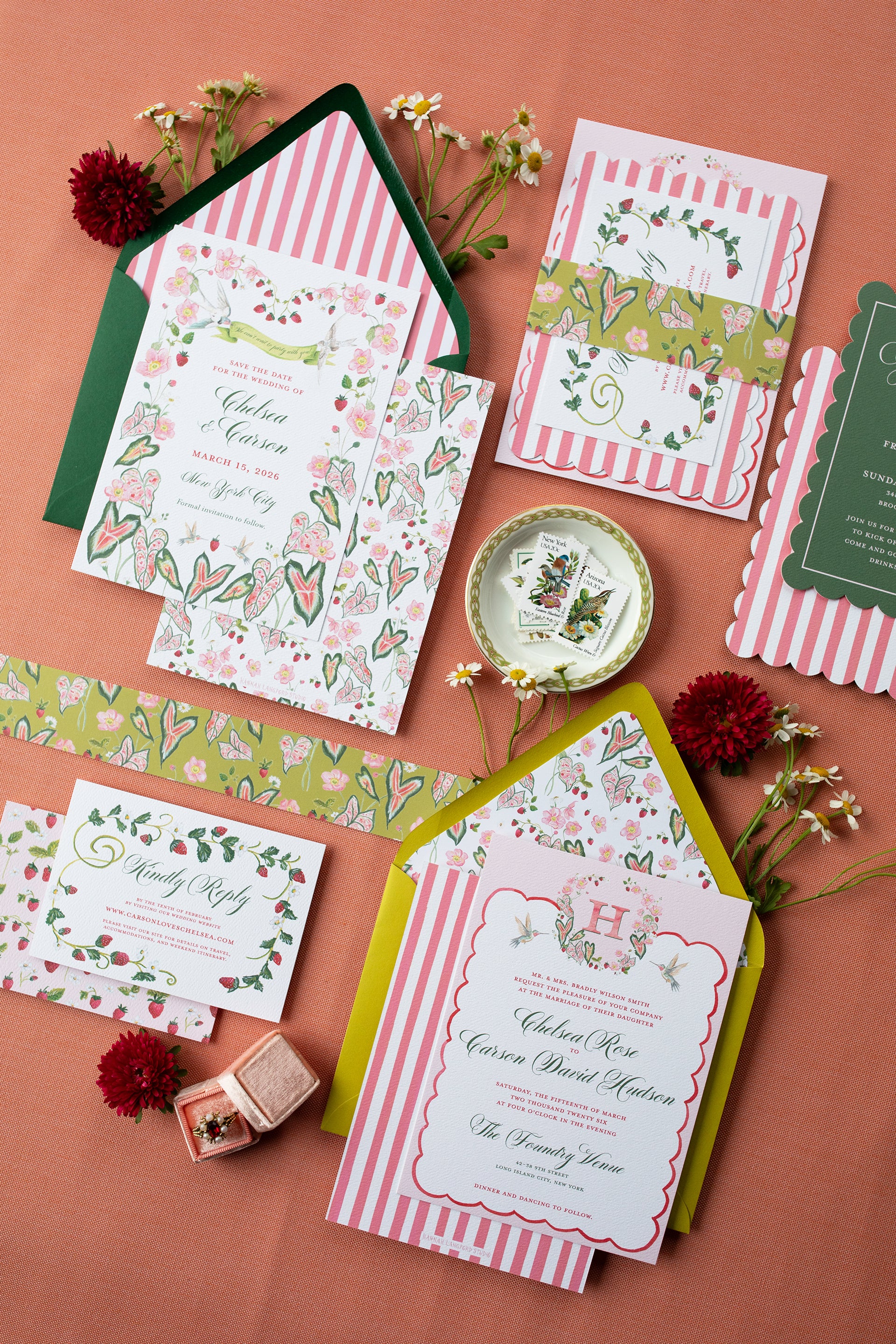 Set of floral and striped invitations on a pink background