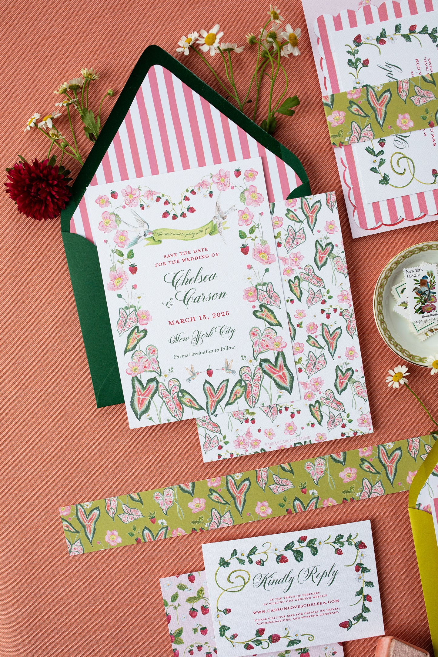 Floral wedding invitation on a orange background