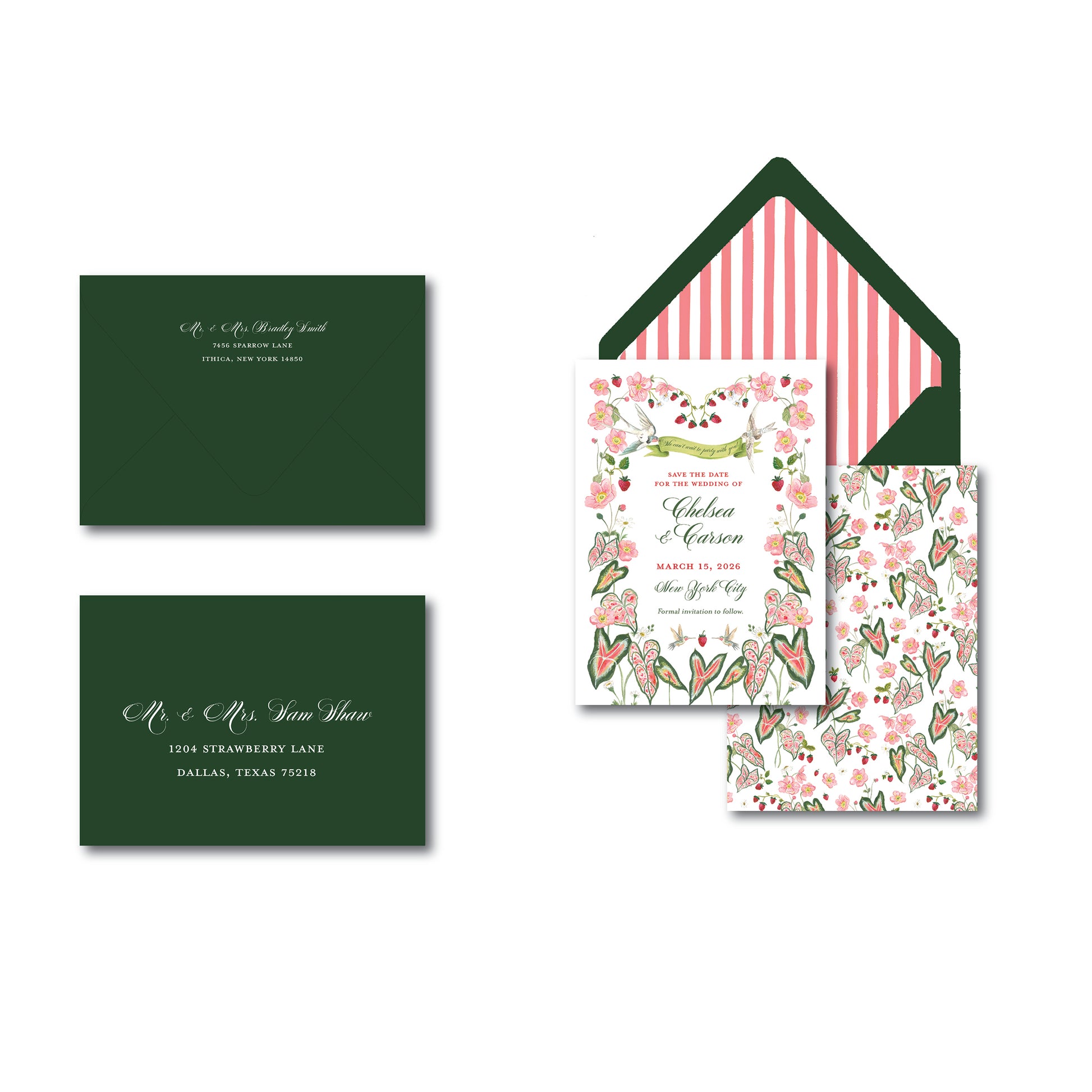 Invitation with pink and green flower illustrations on a white background