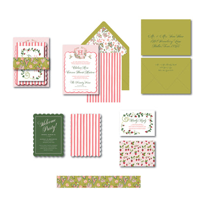 colorful wedding invitation with floral  and strawberry illustrations on a white background.