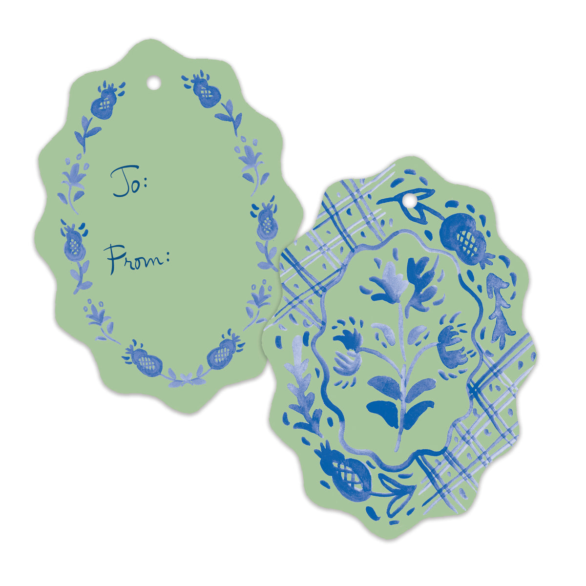 Two decorative gift tags with scalloped edges on a white background. One tag is light green with blue floral and fruit motifs and the words 'To:' and 'From:' printed on it.
