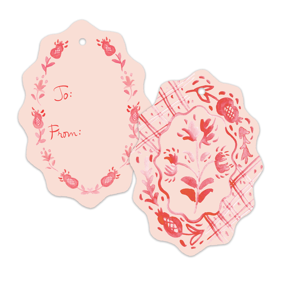 Two scalloped gift tags with pink watercolor floral and pomegranate designs, one plain with 'To:' and 'From:' text and one patterned, shown on a white background.