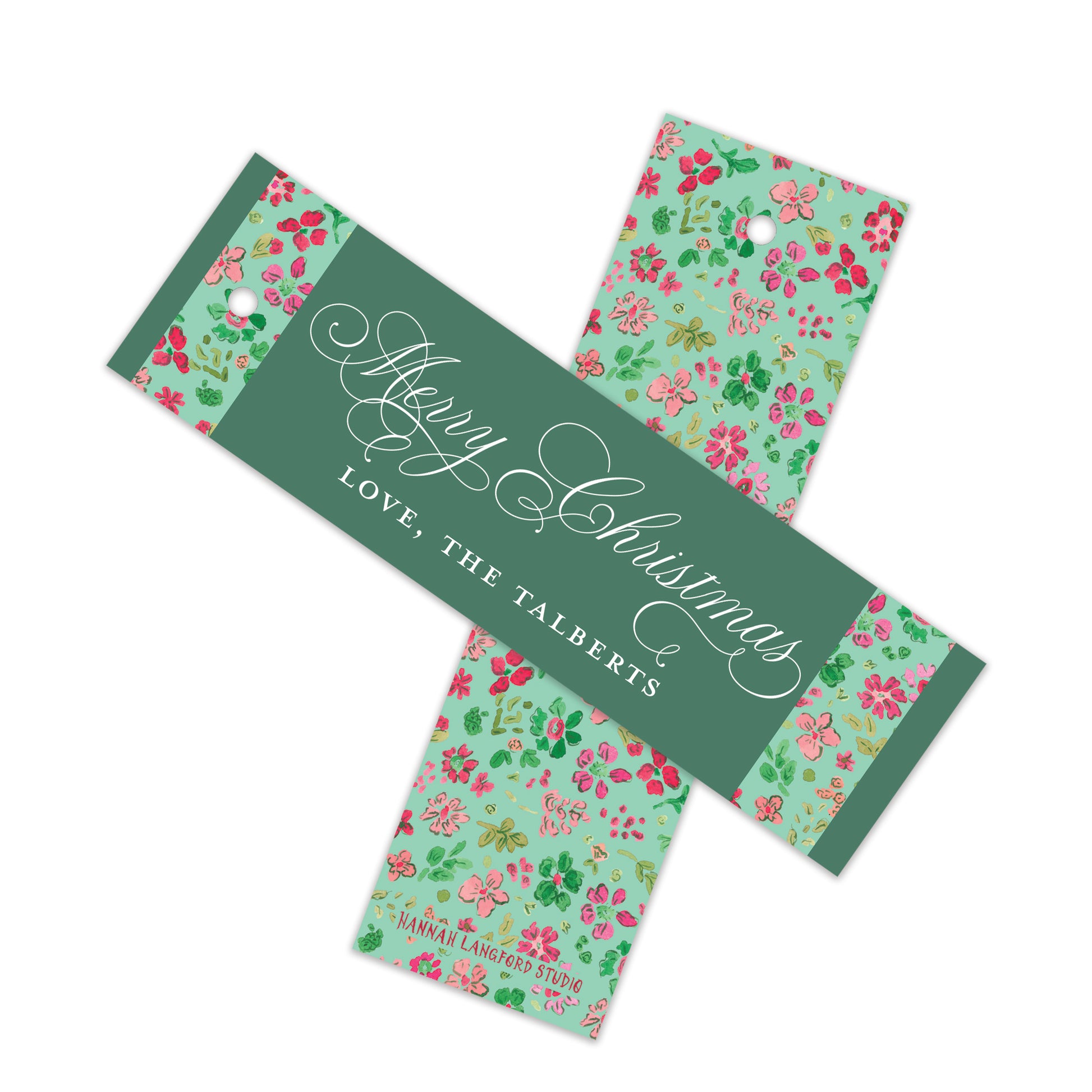 Two Christmas gift tags with a floral pattern on a mint green background, featuring a dark green central band with white cursive text reading 'Merry Christmas' and 'LOVE, THE TALBERTS'.