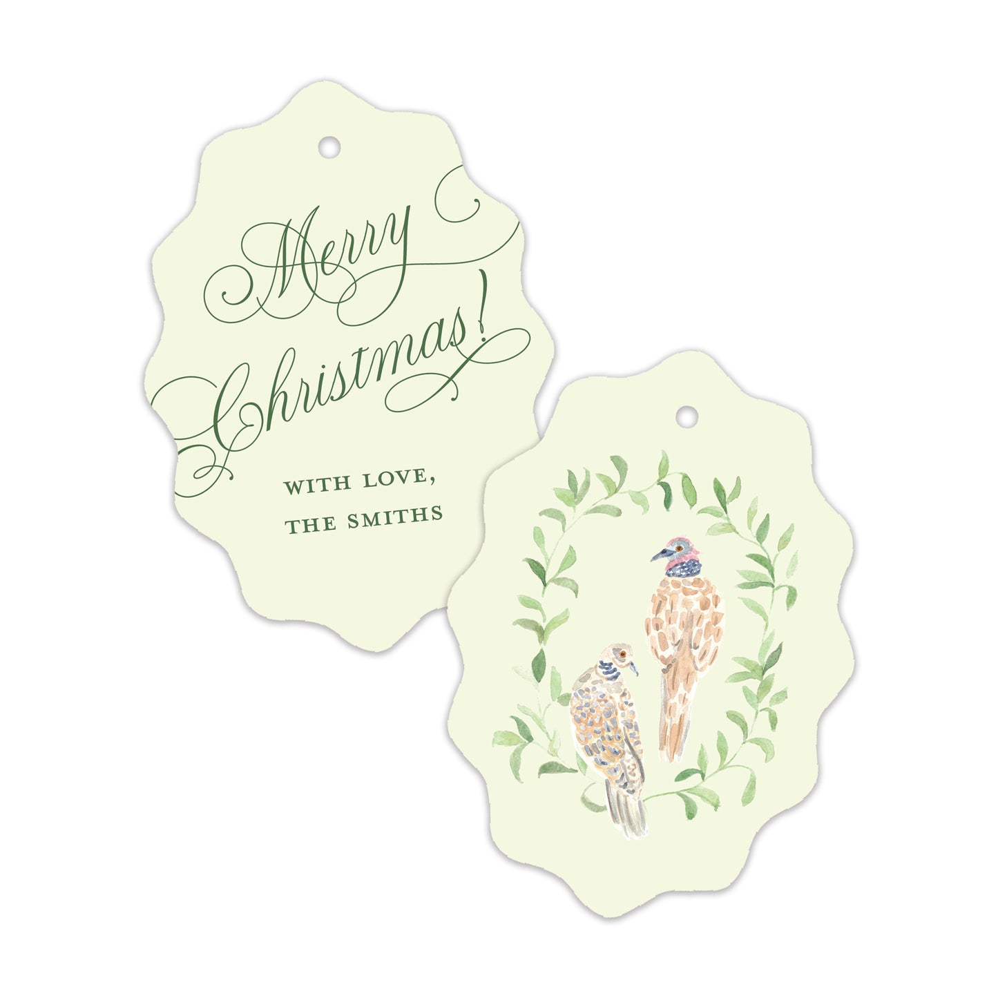 Two scalloped Christmas gift tags on a white background. 