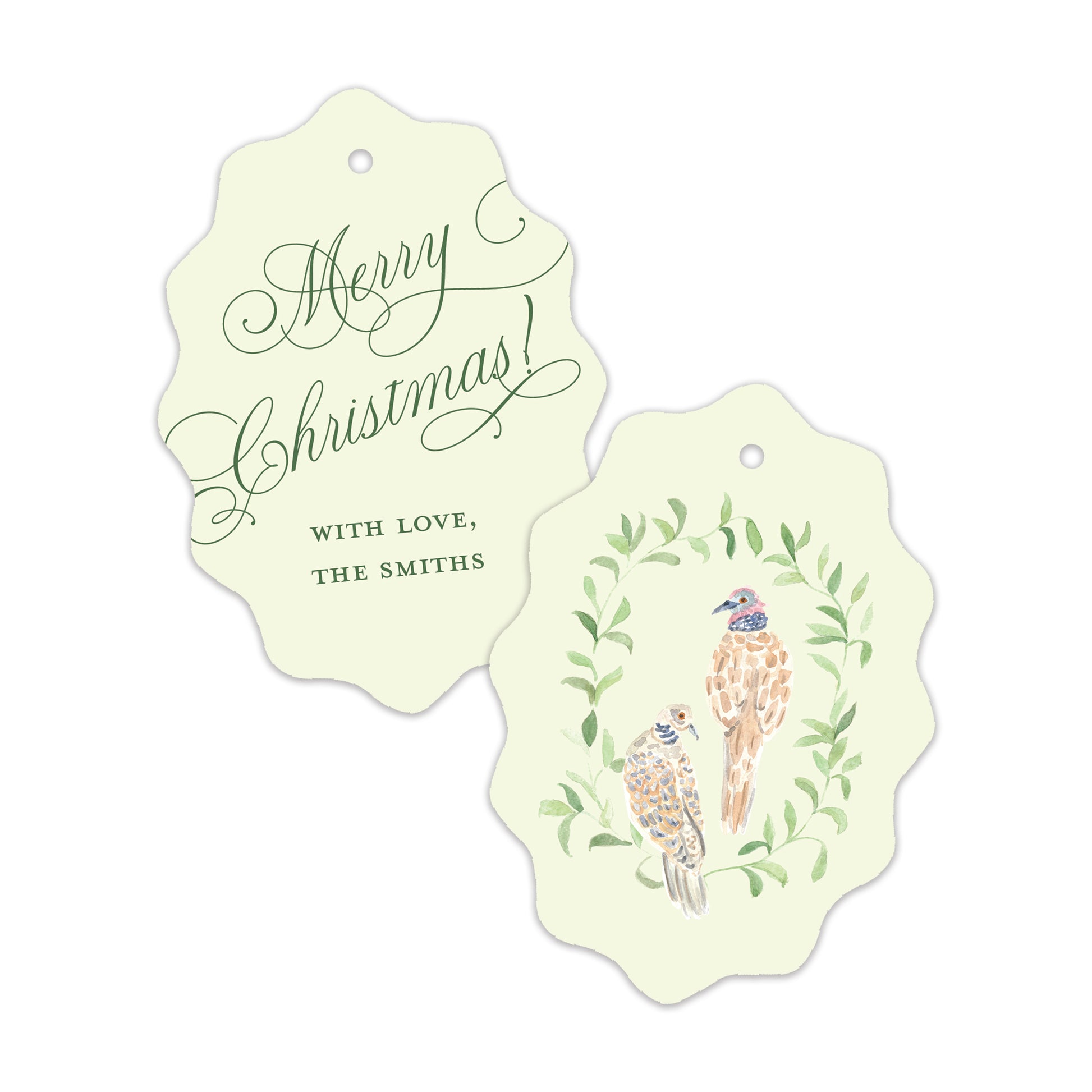 Two scalloped Christmas gift tags on a white background. 