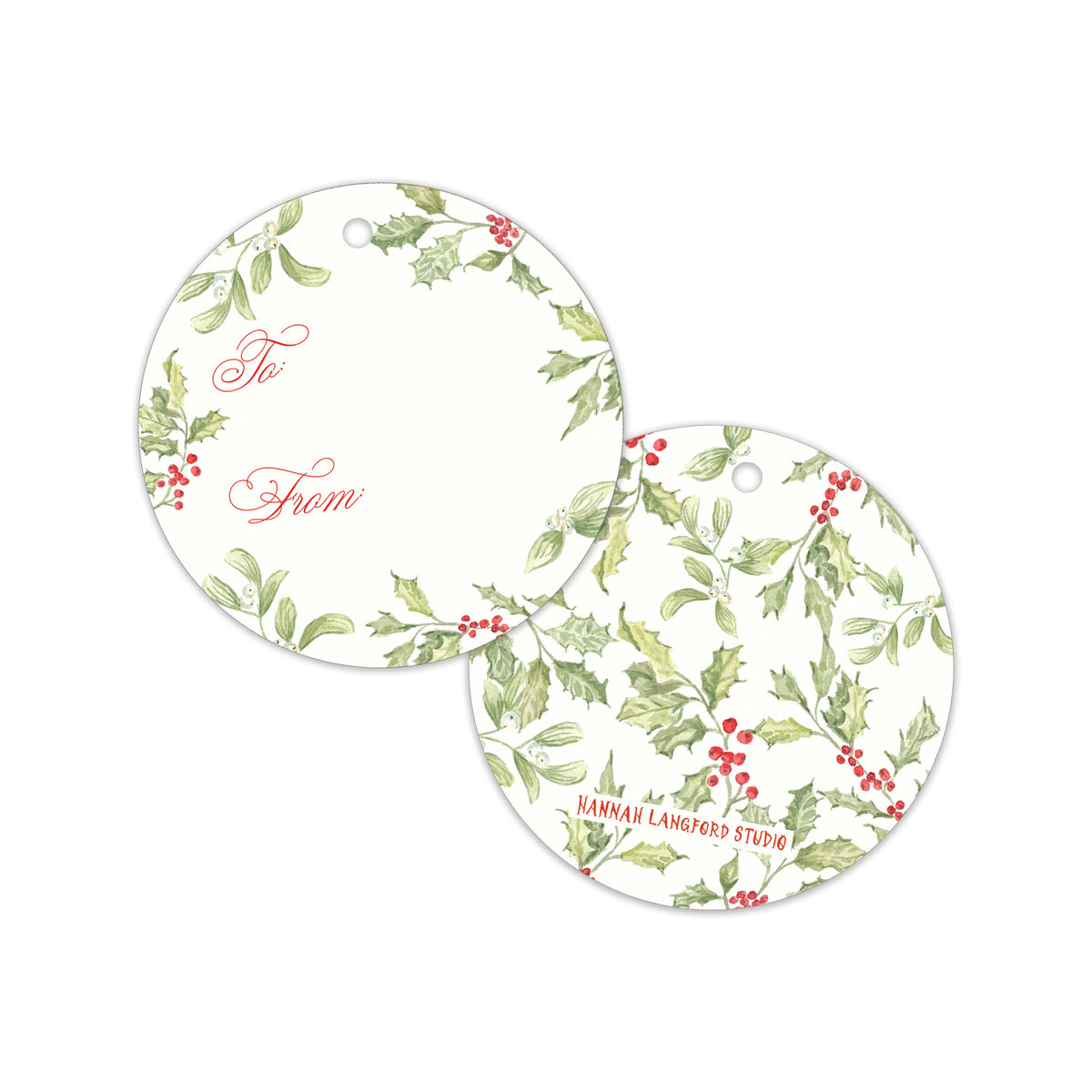 Two round holiday gift tags with a white background, decorated with a green holly and berry wreath pattern. 