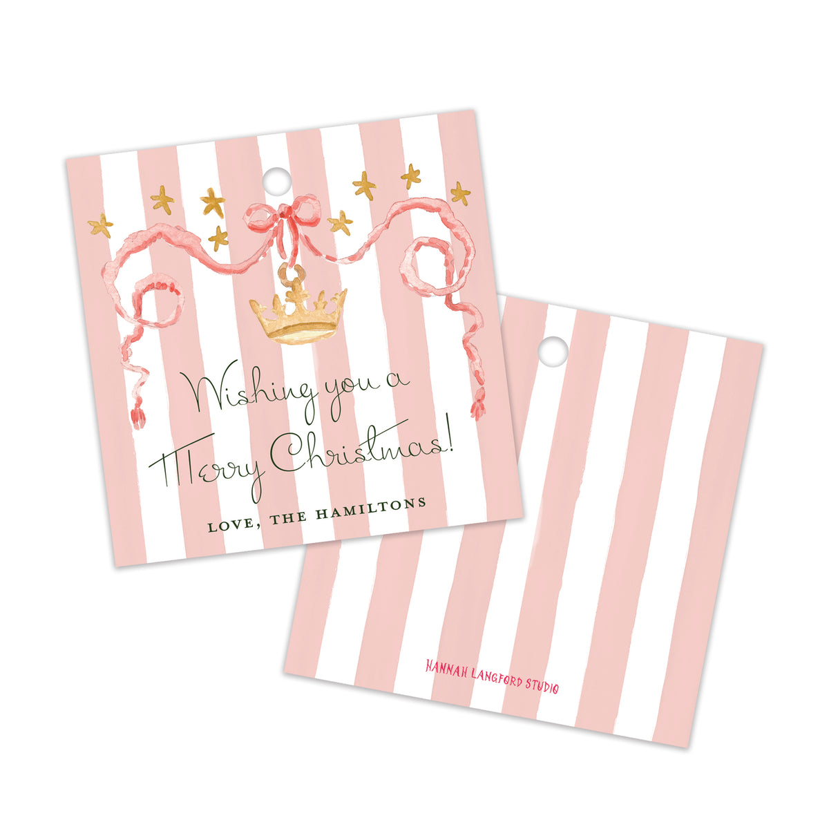 Two personalized Christmas gift tags with pink and white vertical stripes, featuring a gold crown, ribbon, and stars. 