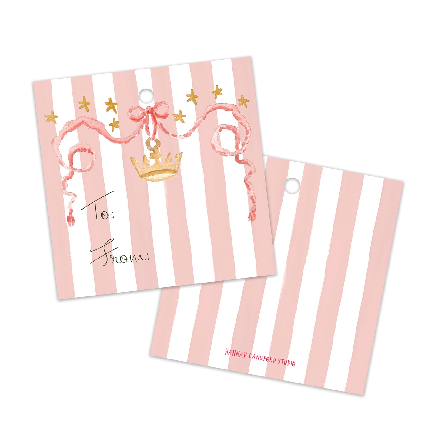 Two pink and white striped gift tags with a gold crown and ribbon illustration, one showing the front with 'To:' and 'From:' fields.