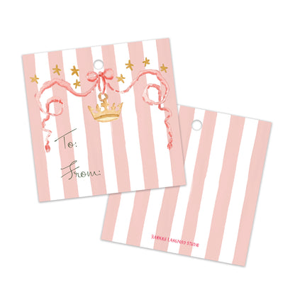 Two pink and white striped gift tags with a gold crown and ribbon illustration, one showing the front with 'To:' and 'From:' fields.