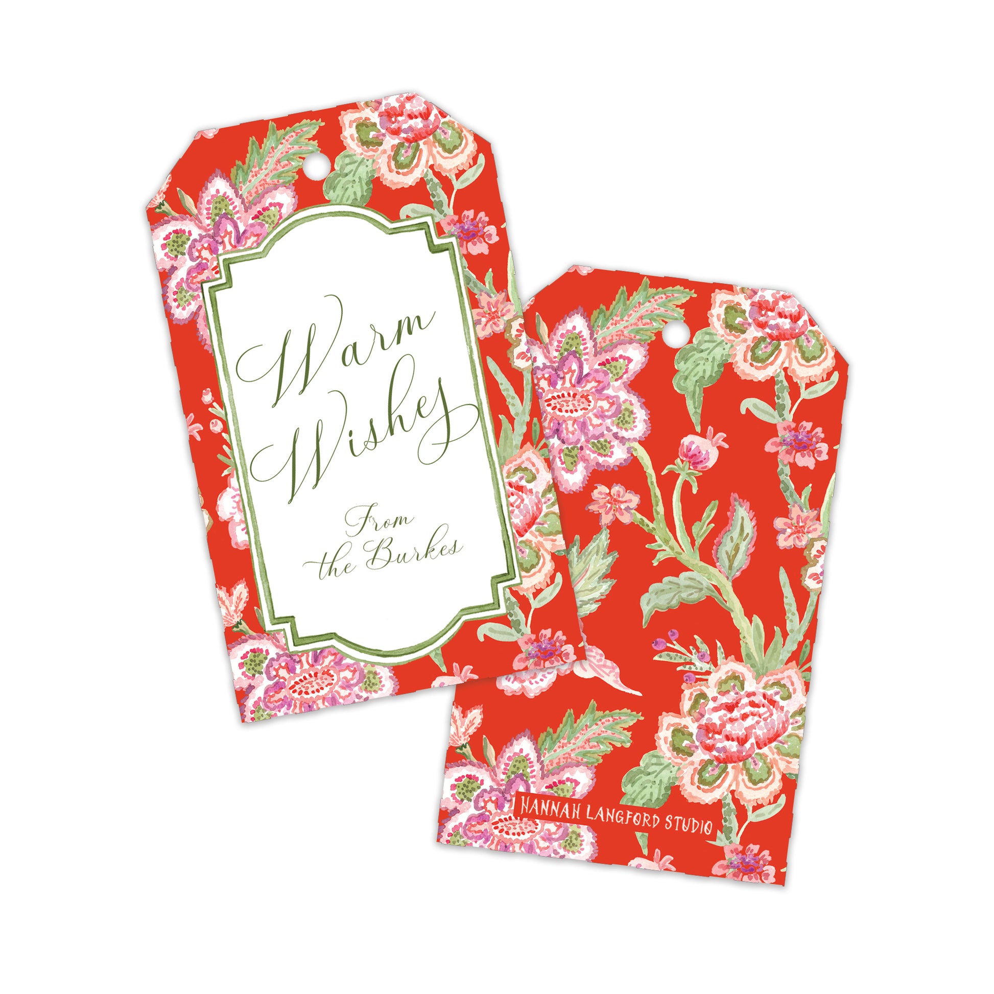 Two decorative gift tags with a red floral pattern and green script text reading 'Warm Wishes From the Burkes' on a white background.