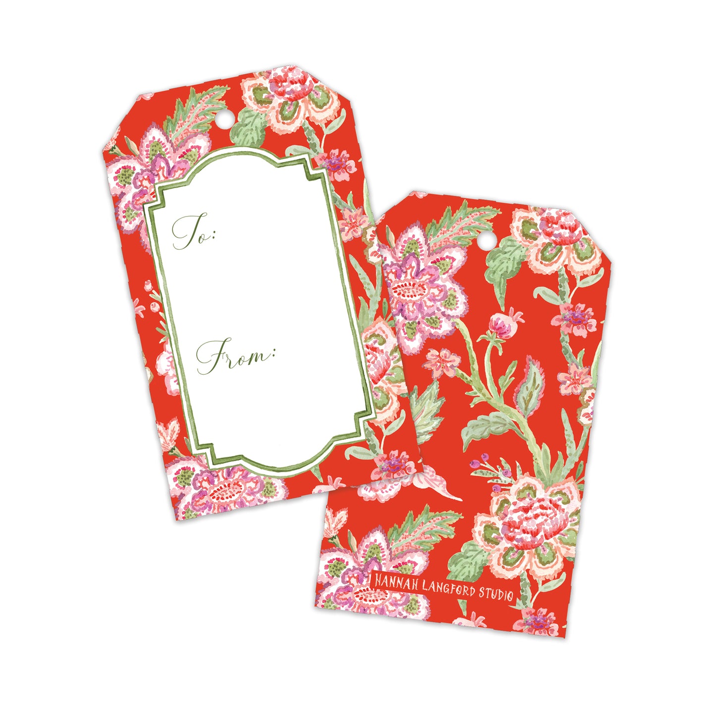 Two red gift tags with a pink and green floral pattern, one featuring a white 'To:' and 'From:' label area, shown on a plain white background.