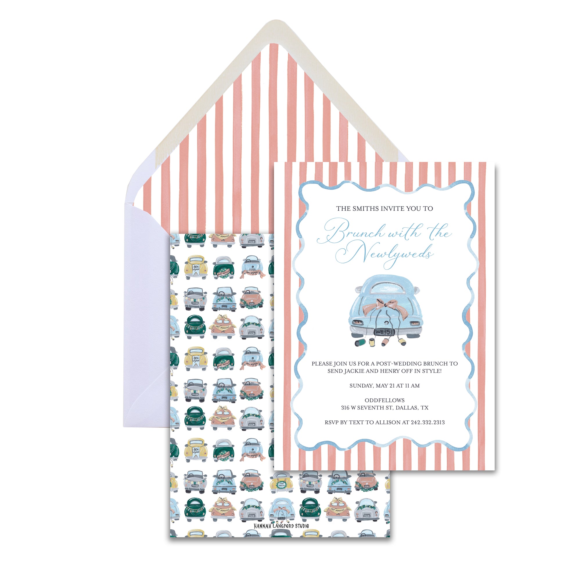 Invitation card with car pattern and striped envelope on a white background