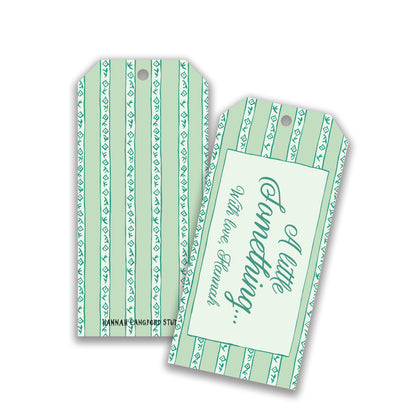 Customizable green striped gift tags with printed text and decorative elements, designed by Hannah Langford Studio.