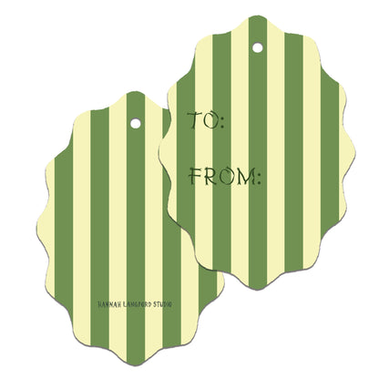 Green and white striped gift tag with 'TO:' and 'FROM:' text on a white background.