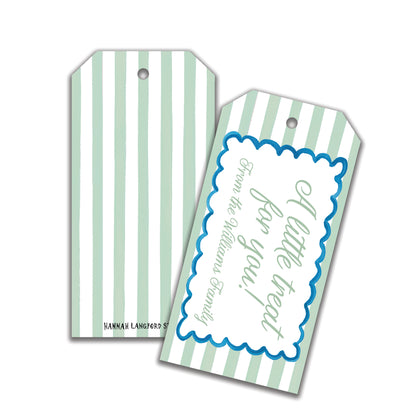Customizable green striped scallop gift tags with a striped pattern and a scalloped edge design, featuring a personalized message.