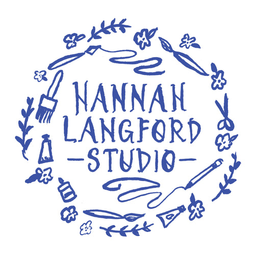Blue and White logo that reads "Hannah Langford Studio" with art supply and flower illustrations.