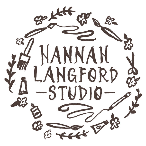 Logo that depicts art supplies and flowers surrounding the text "Hannah Langford Studio".