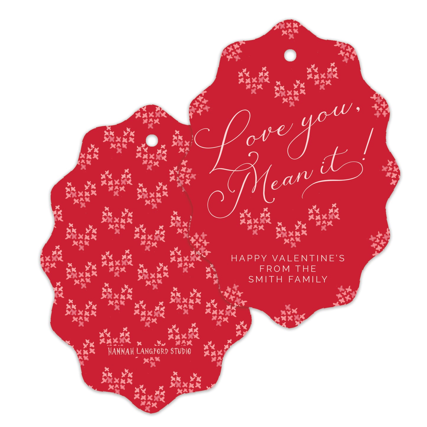 Red Valentine's Day gift tag with white text and heart pattern