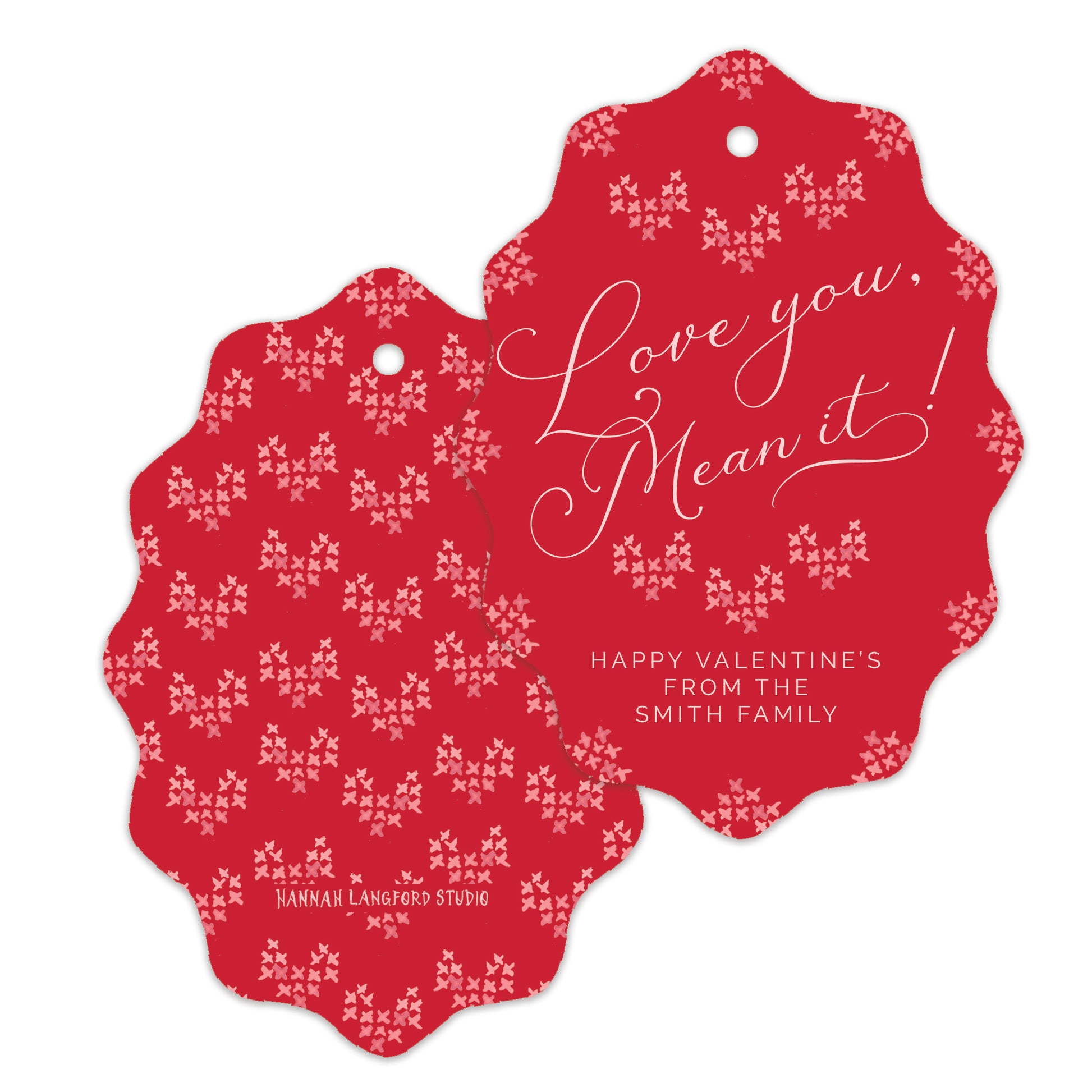 Red Valentine's Day gift tag with white text and heart pattern