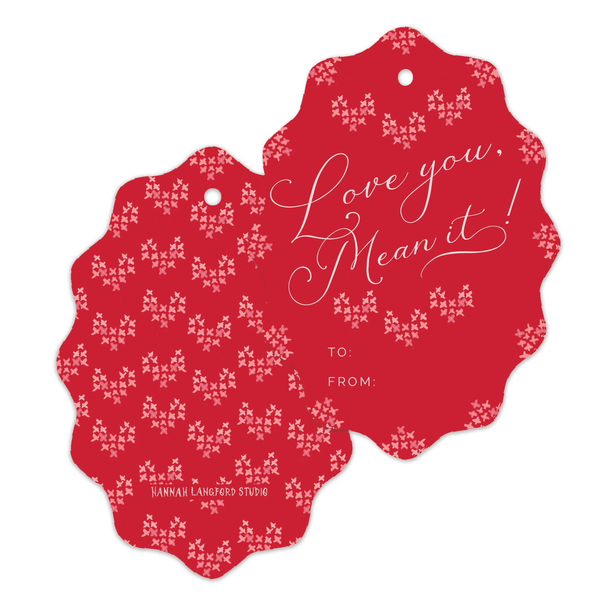 Red gift tag with white text and pattern, featuring 'Love you, Mean it!' message.