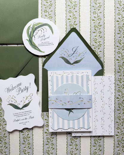 Invitation set with green and white design on a patterned background