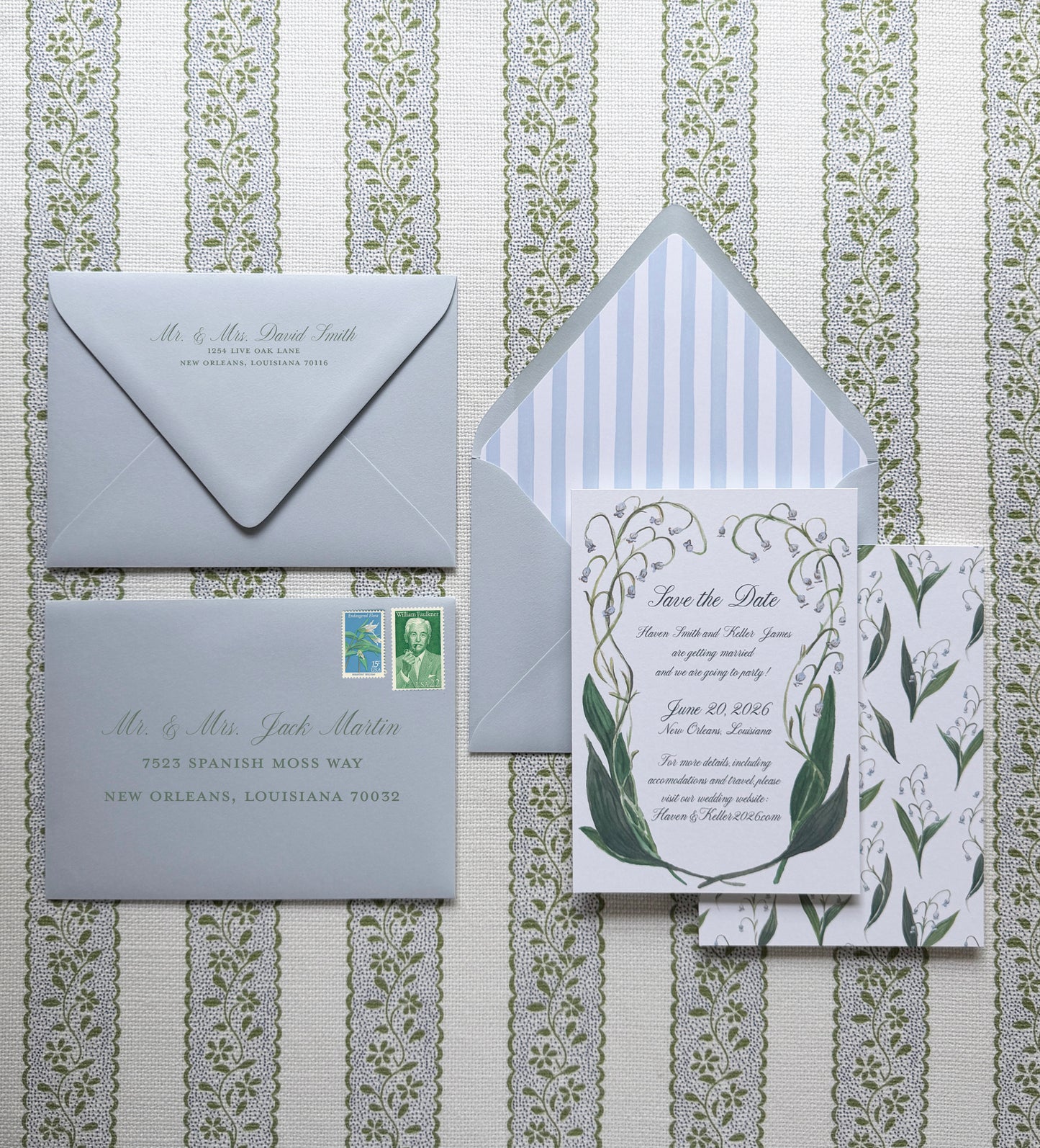 Wedding invitation set with envelope on a decorative background