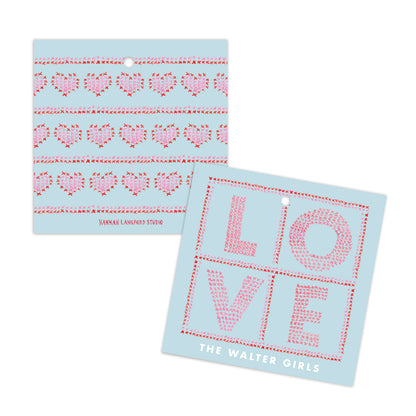 blue valentines gift tags with a heart design and words that read LOVE.