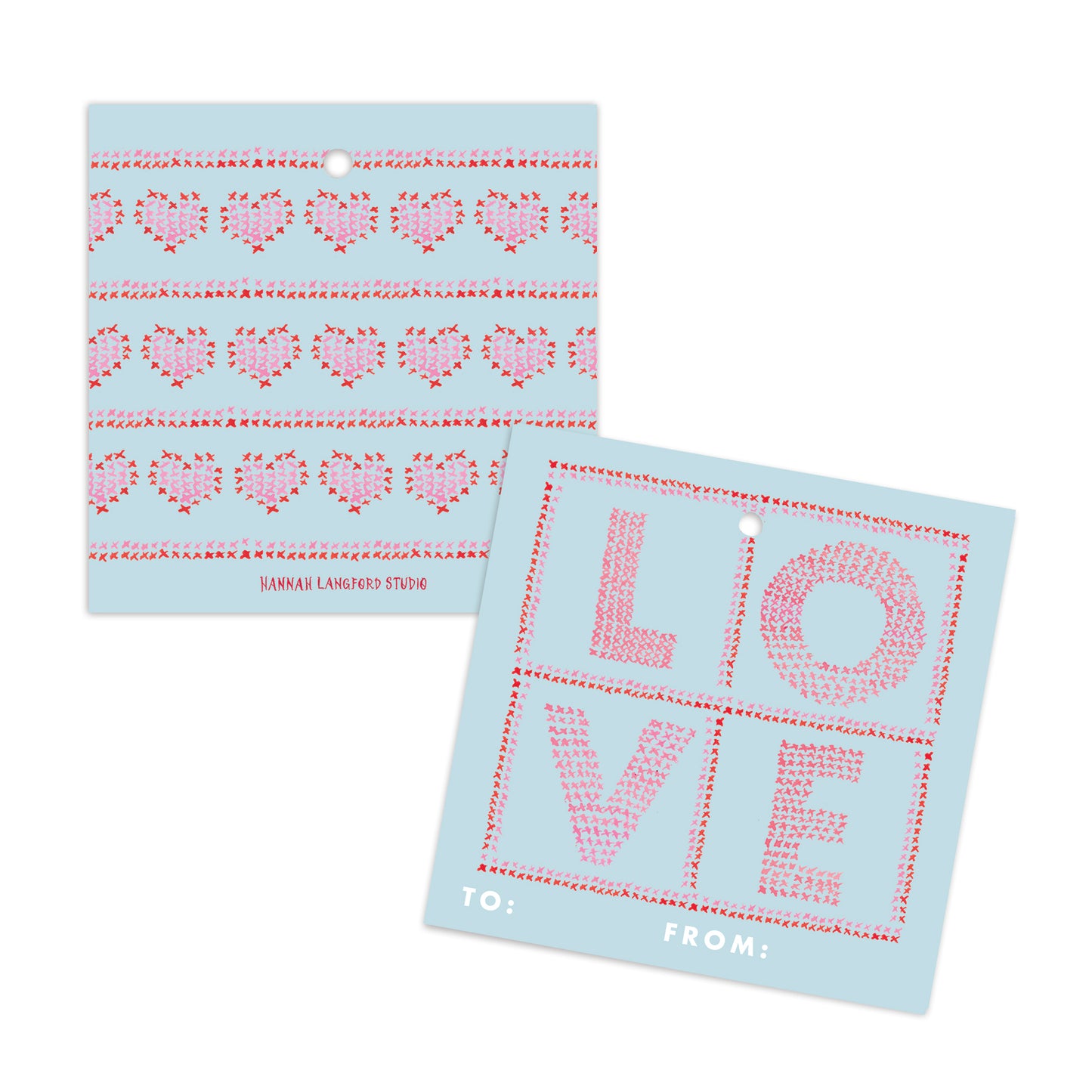 Two light blue cards with pink heart patterns and 'LOVE' text on a white background