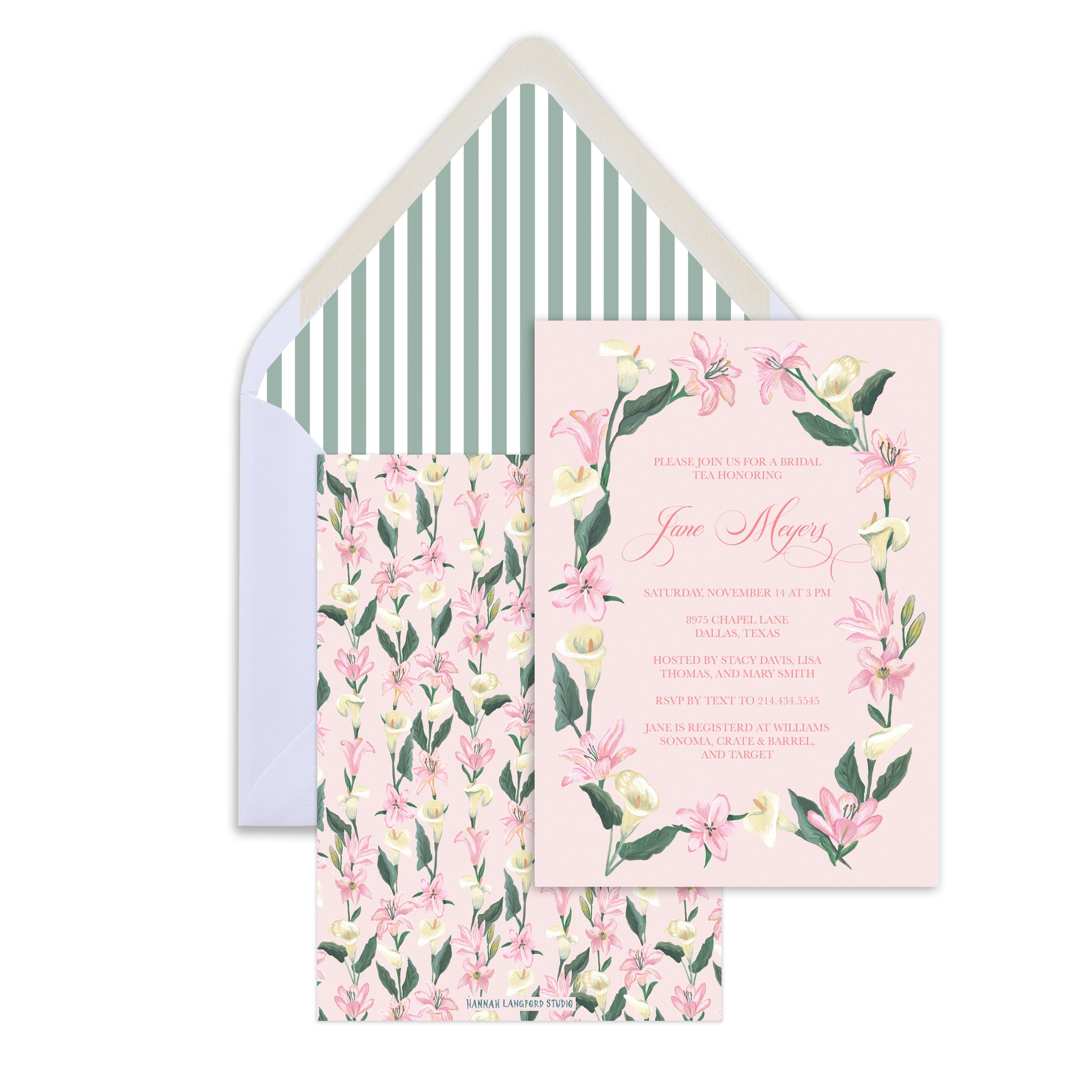 Floral invitation card with matching envelope on a white background