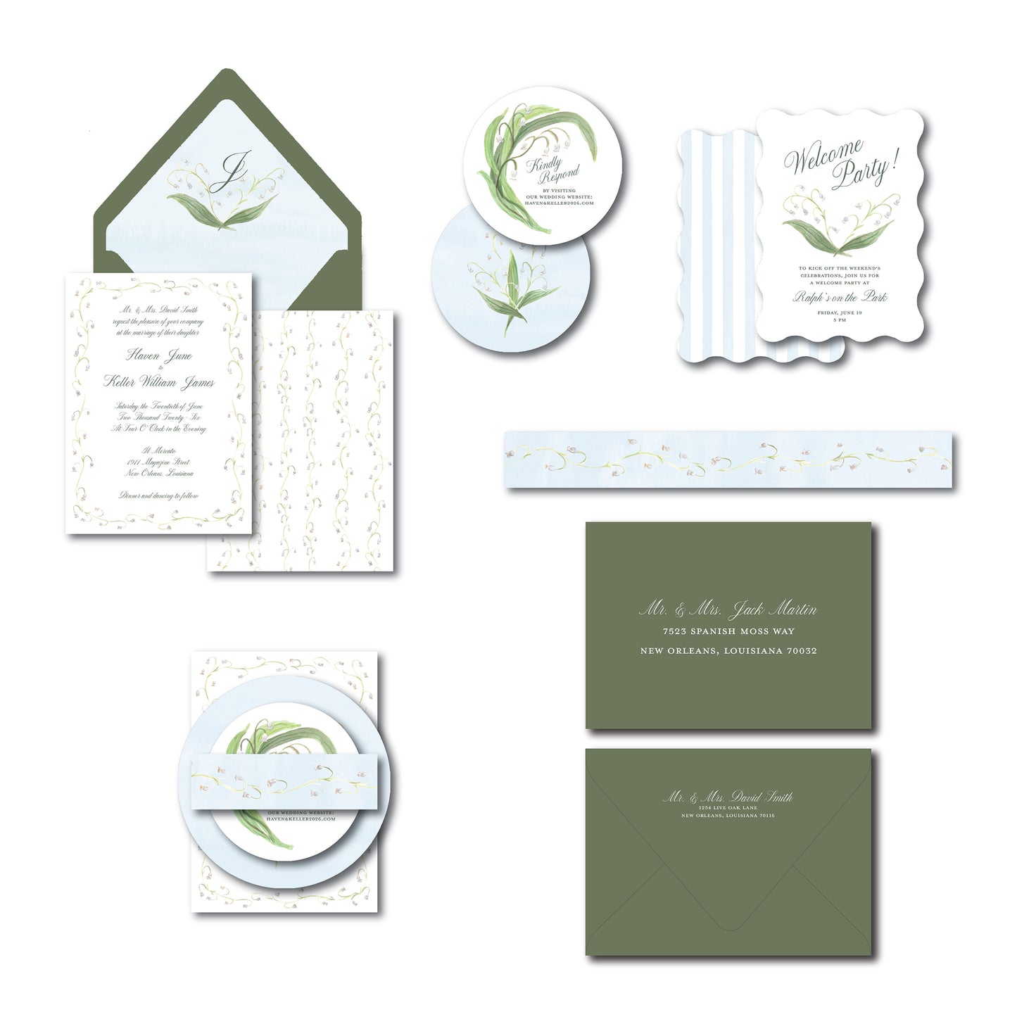 Lily of the valley wedding invitation featuring hand-painted florals and a soft blue stripe.