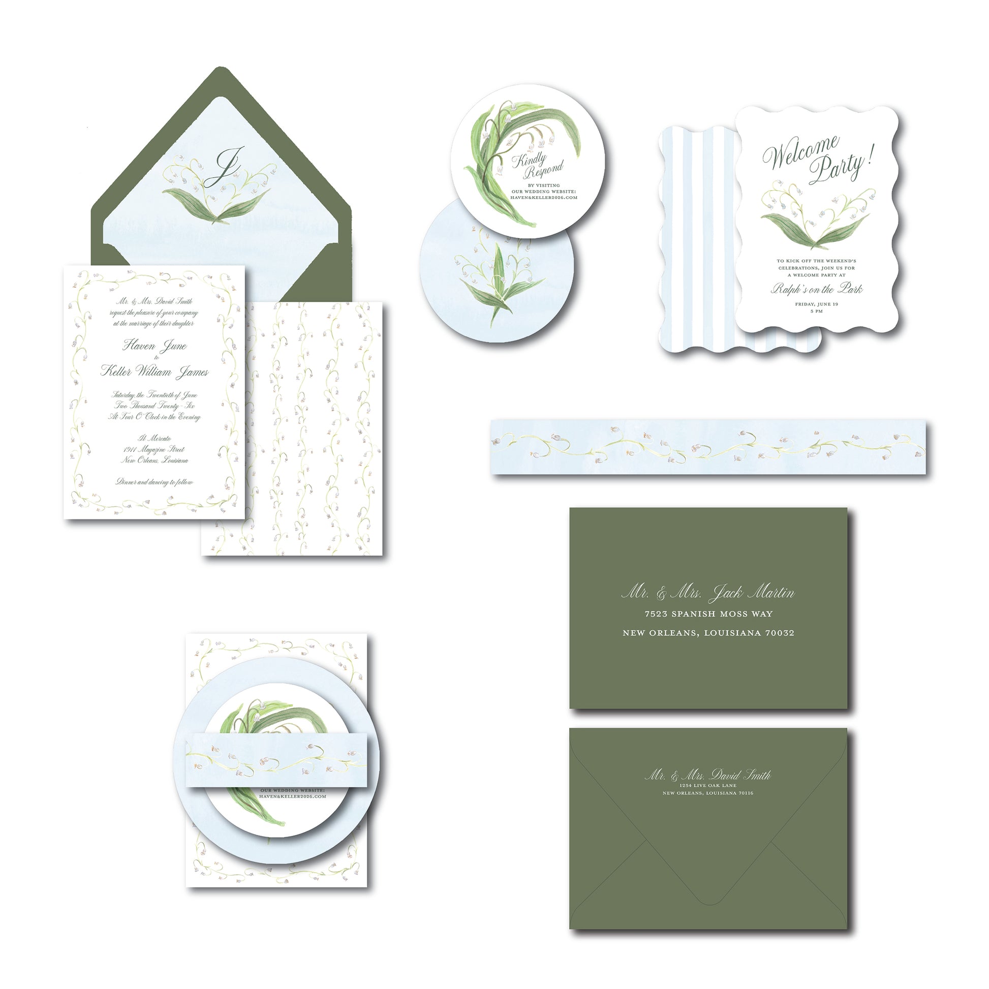 Lily of the valley wedding invitation featuring hand-painted florals and a soft blue stripe.