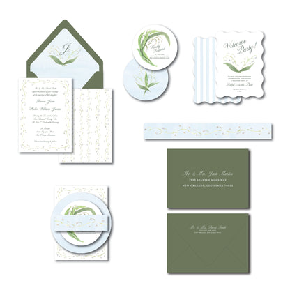 Lily of the valley wedding invitation featuring hand-painted florals and a soft blue stripe.