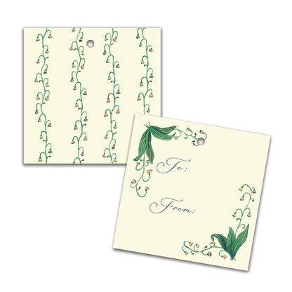 Two decorative gift tags with floral designs on a white background