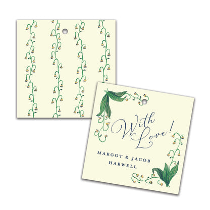 Two decorative gift tags with floral designs and text on a white background