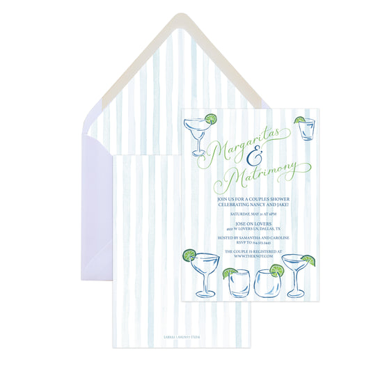 Invitation card with margarita-themed design on a striped background