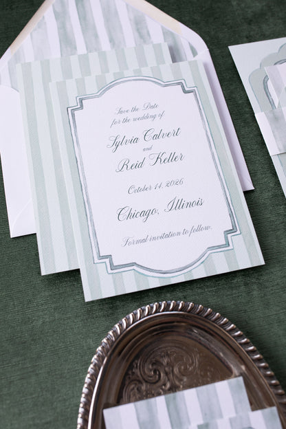 Green striped wedding invitation on a green background
