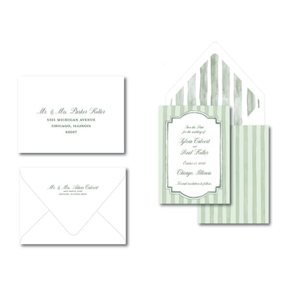 Green striped invitation on a white background.