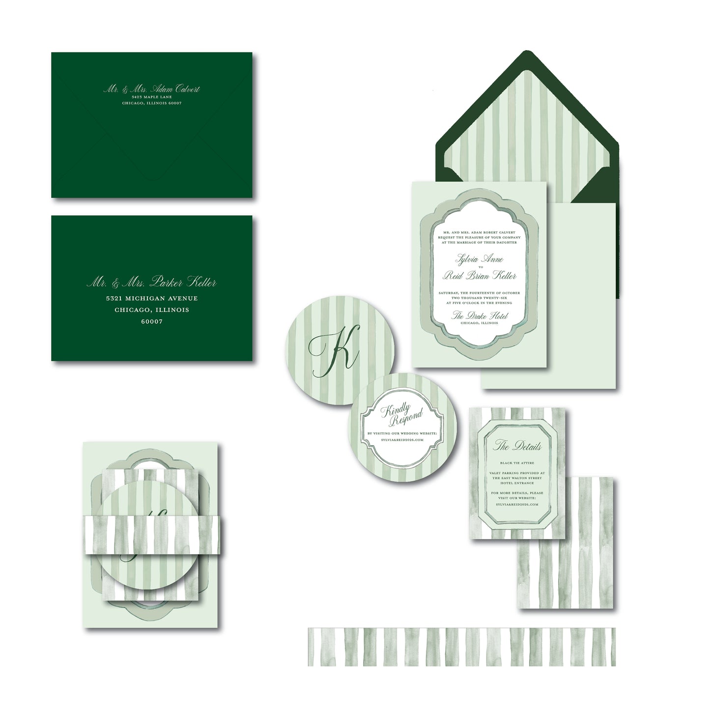 green striped wedding invitation on a white background.