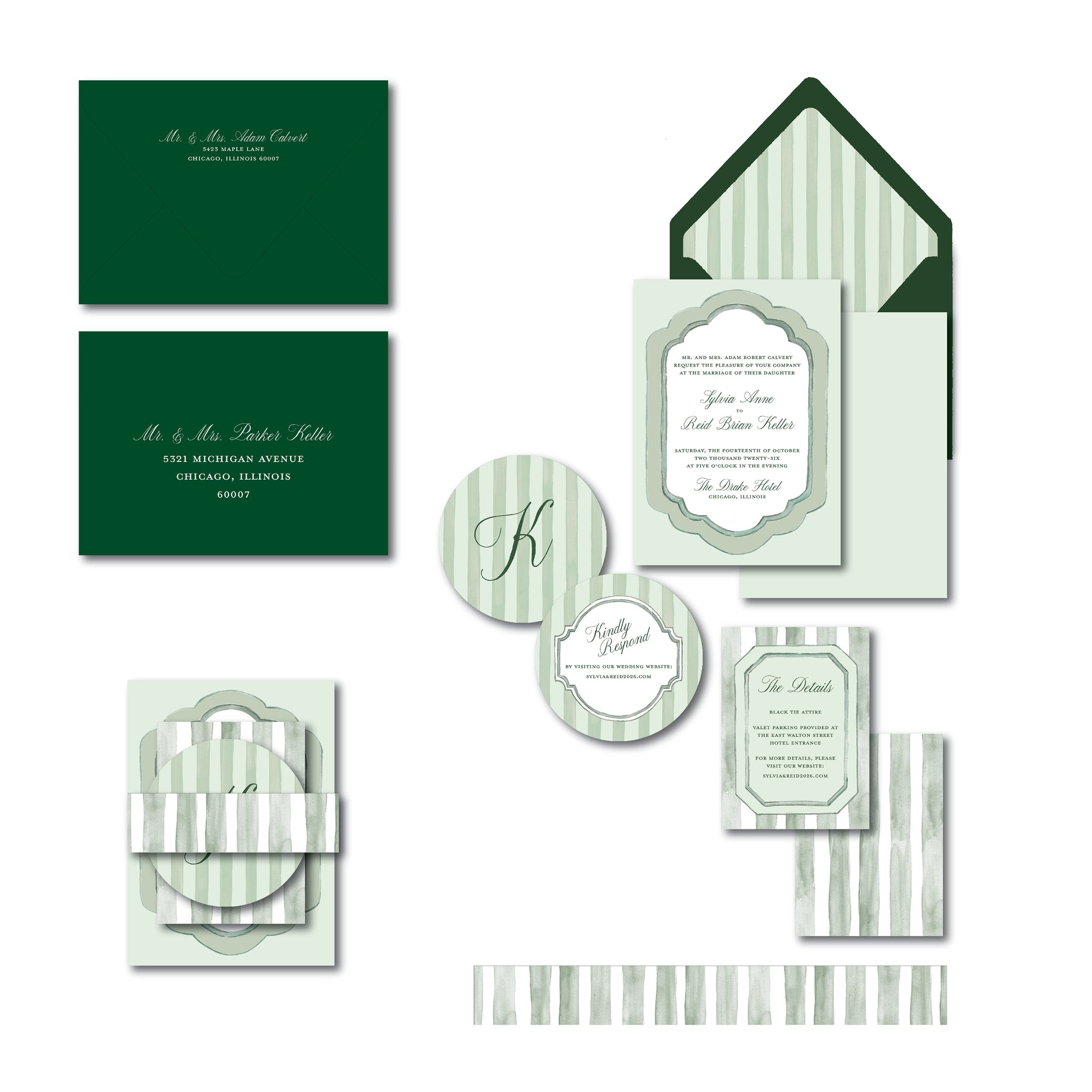 green striped wedding invitation on a white background.