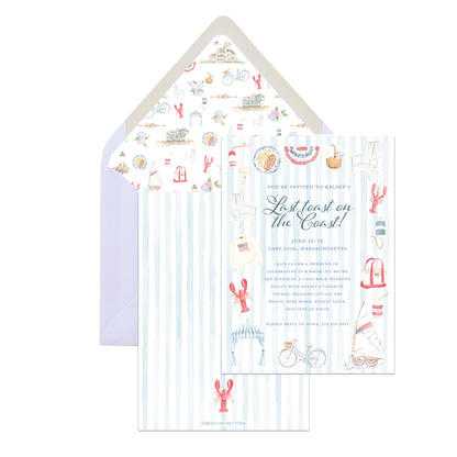 Invitation card with coastal theme and matching envelope on a white background