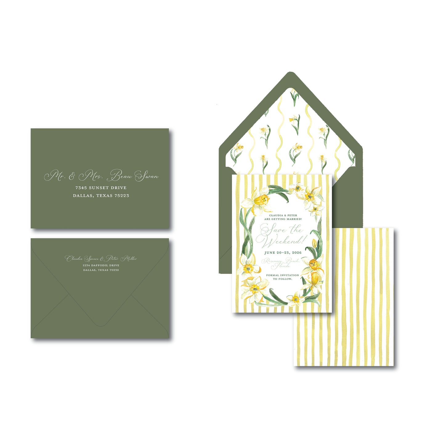 Yellow and green wedding invitation featuring daffodil illustrations on a white background.