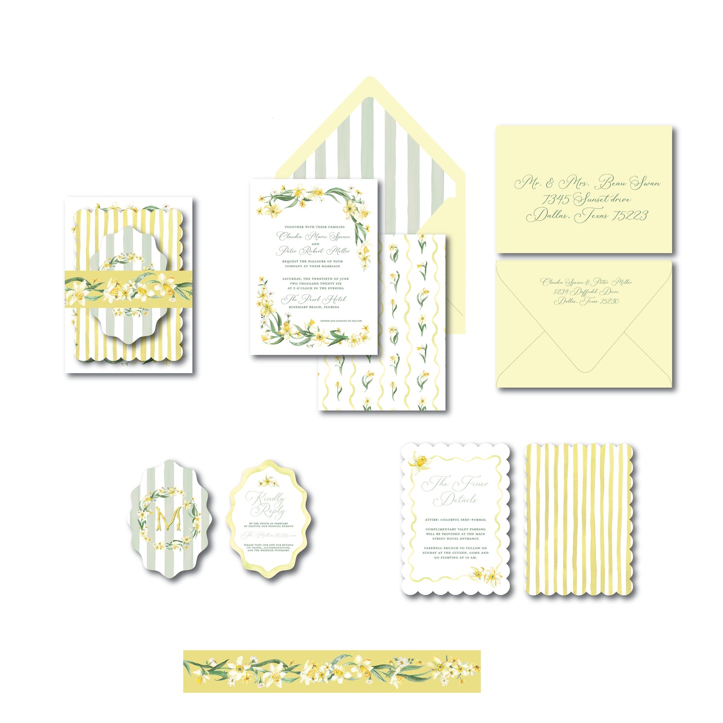 Collection of green and yellow stationery items on a white background