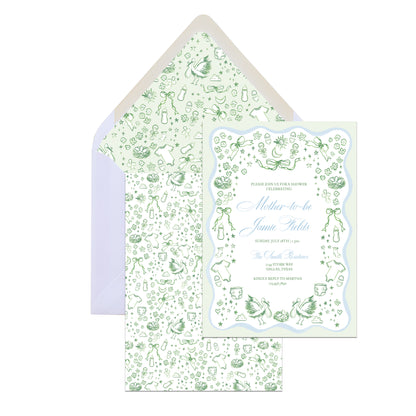 Baby shower invitation with green and white design on a white background
