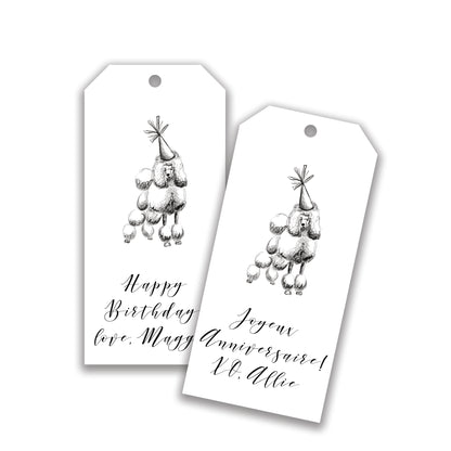 Two customizable gift tags with a poodle illustration and a birthday message printed on them.