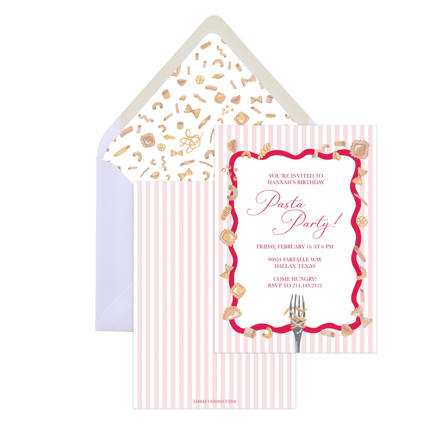 Invitation card for a pasta party with decorative elements on a white background