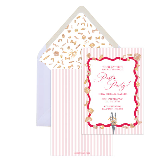 Invitation card for a pasta party with decorative elements on a white background