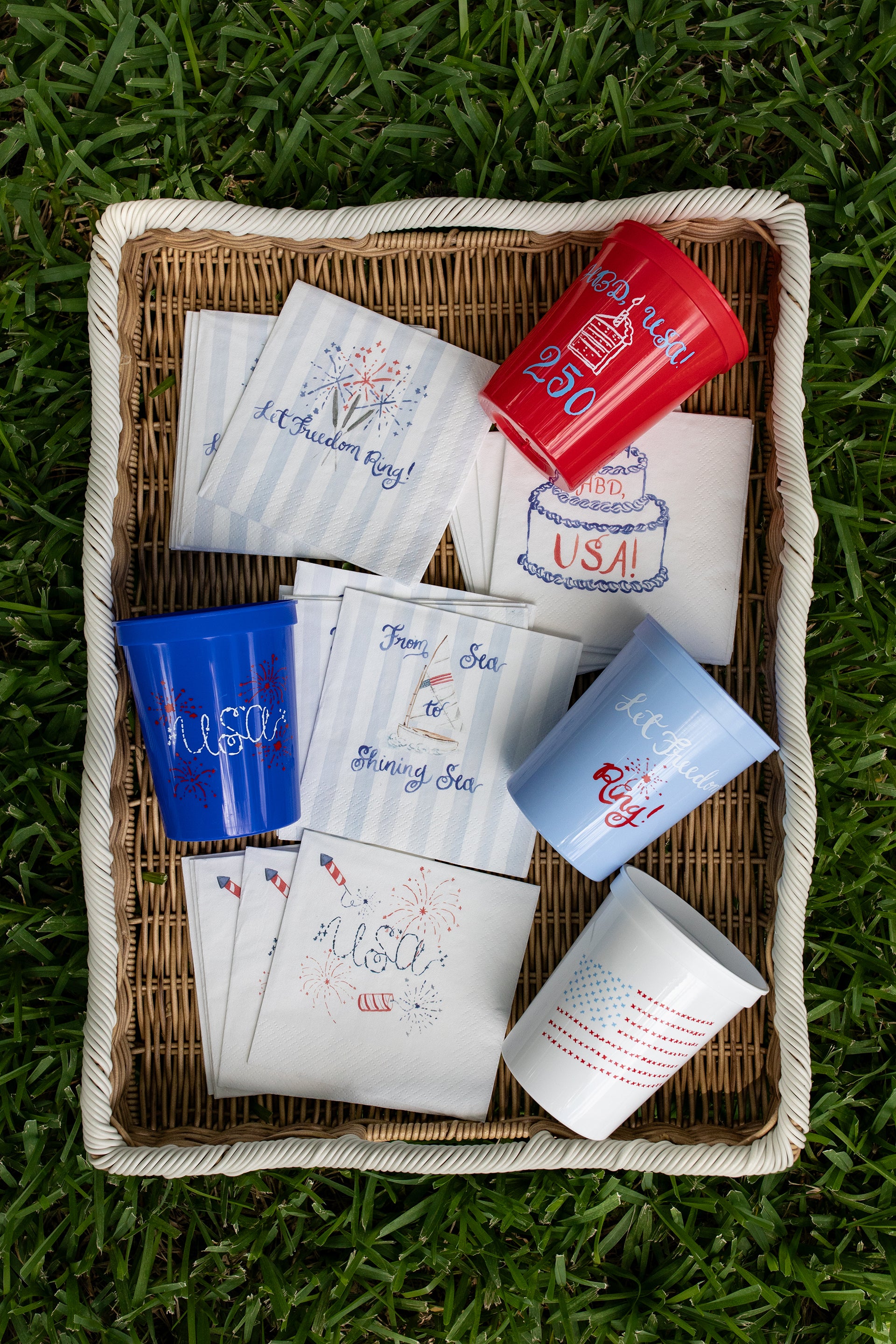 Basket with party supplies including cups and napkins on grass