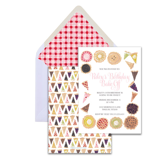 Invitation card for a birthday party with pie-themed design and matching envelope.