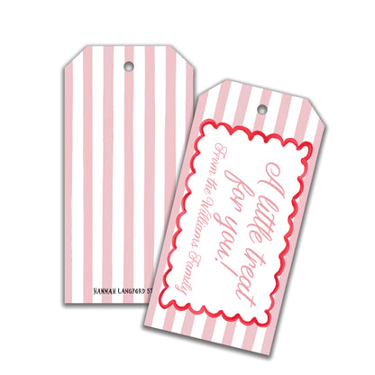 A set of customizable gift tags with pink stripes and scallop edges, featuring a personalized message.