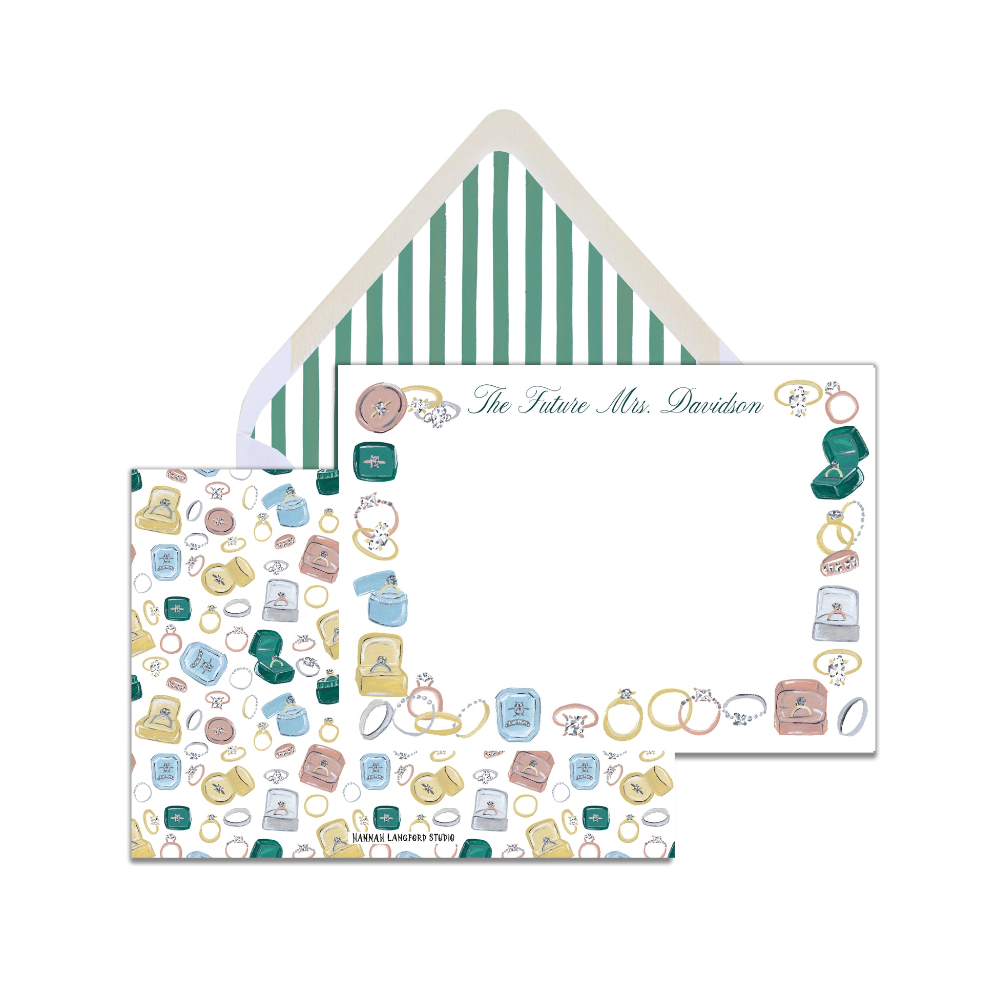 wedding stationery set with ring illustrations and text.